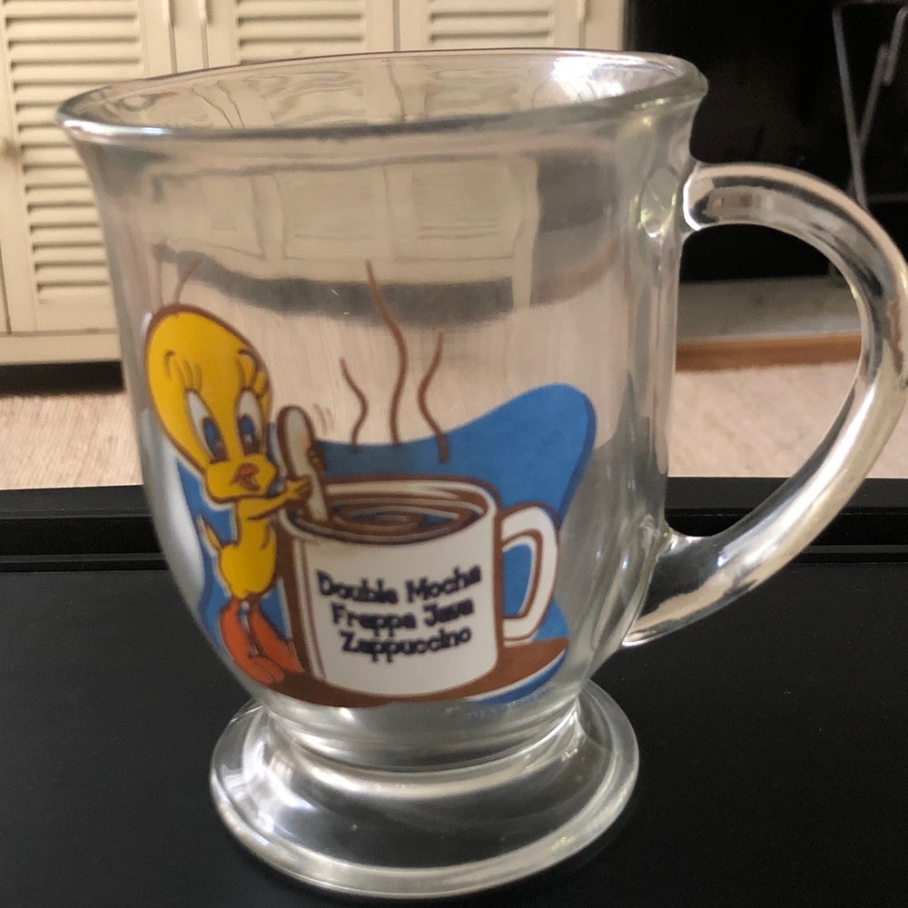 Warner Bros. Tweety Clear Glass Mug with Blue and Yellow Art